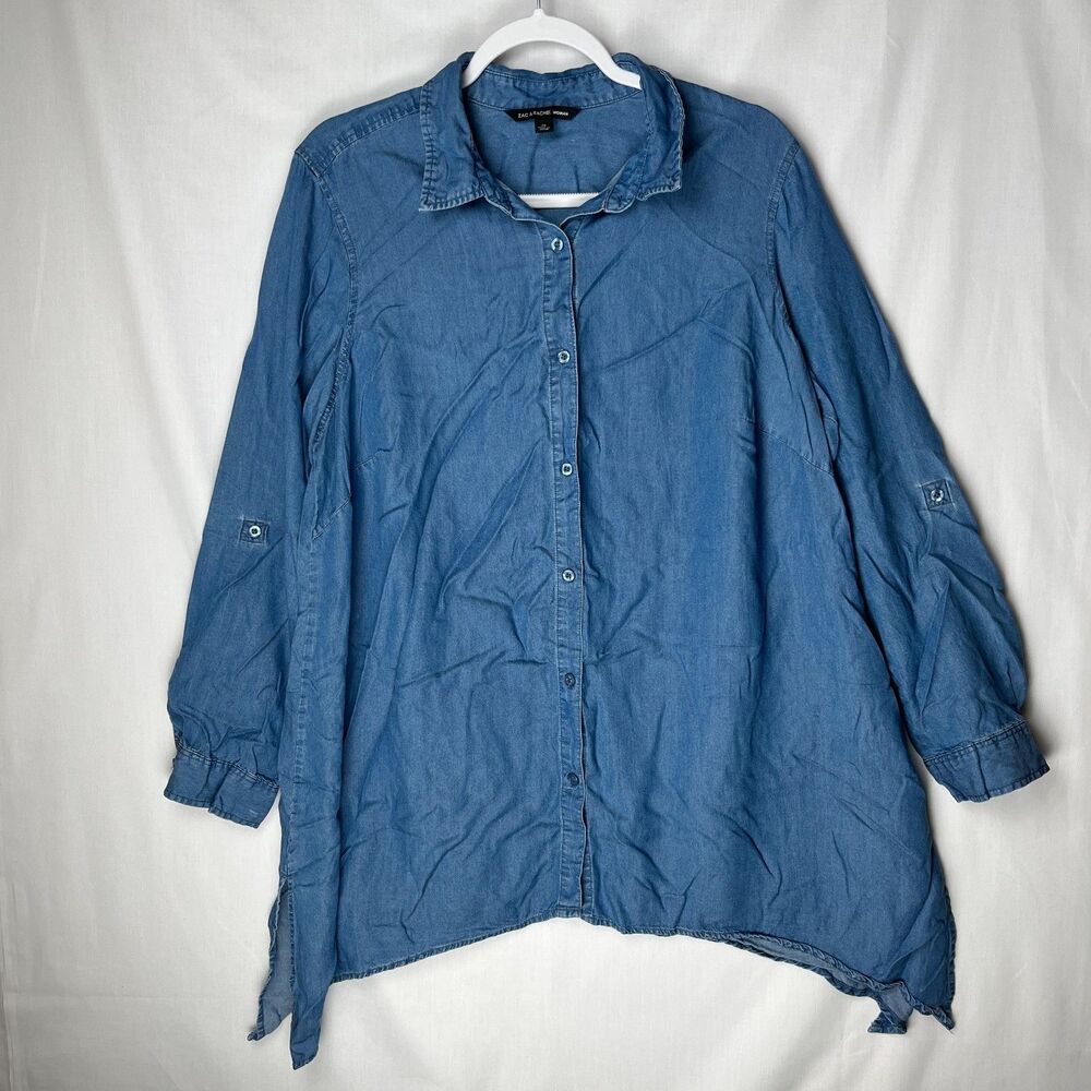 Zac & Rachel Blue Lyocell Denim Tunic Shirt Roll Tab Sharkbite Hem Womens 1X